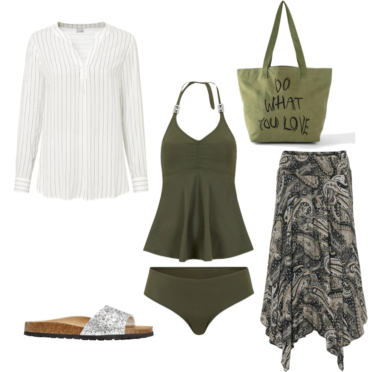 Outfit donna - Total look #1637277. Stile Boho per Mare. Abbinamento con gonne longuette, costumi interi, tuniche, shopping bag, ciabatte.