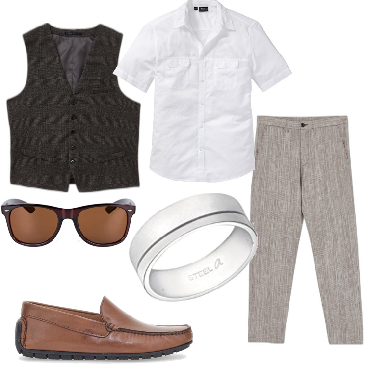 Outfit uomo - Cerimonia (ma spendo poco). Stile Business/Elegante per Cerimonia. Abbinamento con camicie a manica corta, pantaloni chino, gilet, anelli, scarpe stringate, occhiali da sole.