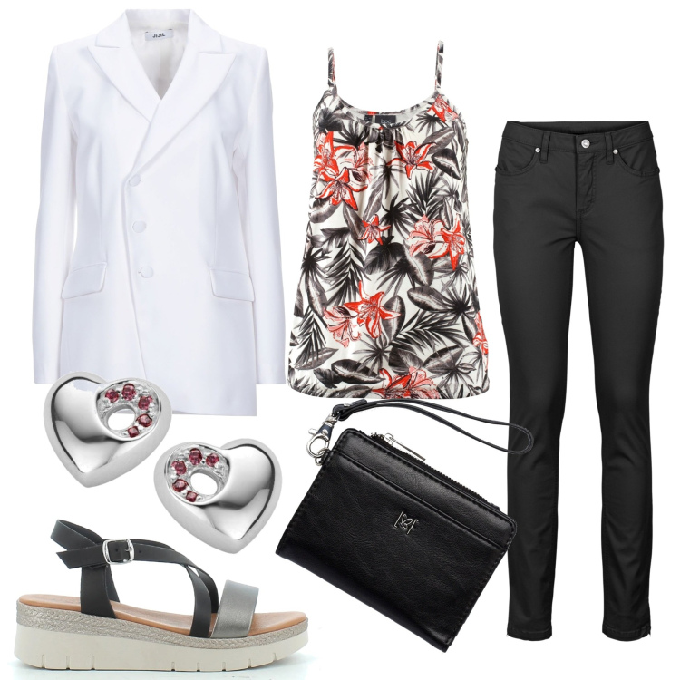 Outfit donna - Total look #1637372. Stile Casual chic per Tutti i giorni. Abbinamento con top, jeans skinny, cappotti, zeppe, portafogli, orecchini.