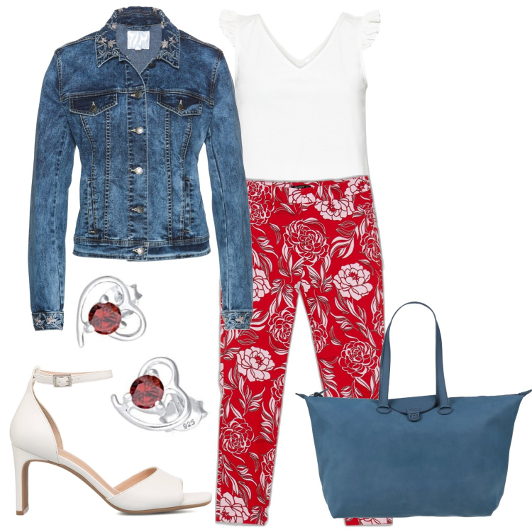 Outfit donna - I pantaloni più rossi. Stile Casual chic per Tutti i giorni. Abbinamento con top, blazer, borse a mano, pantaloni capri, sandali in pelle, orecchini.