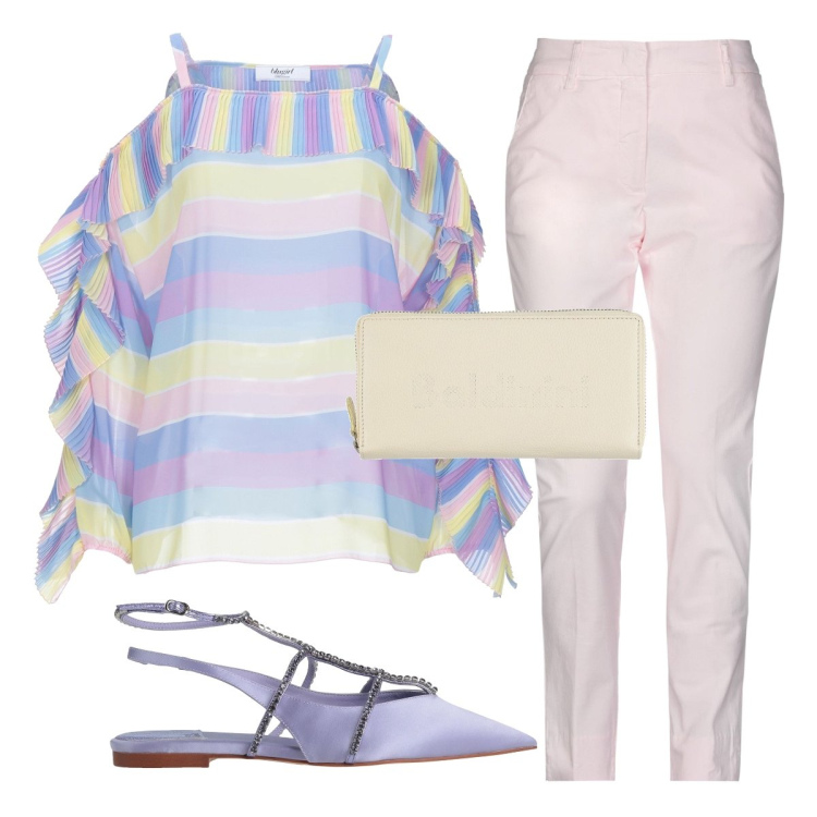 Outfit donna - Colori pastello. Stile Chic per Cerimonia. Abbinamento con ballerine, bluse, portafogli, pantaloni.