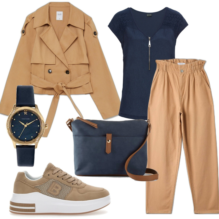 Outfit donna - Tailleur moderno. Stile Sporty chic per Ufficio. Abbinamento con t-shirt, borse a tracolla, pantaloni, trench, sneakers, orologi.