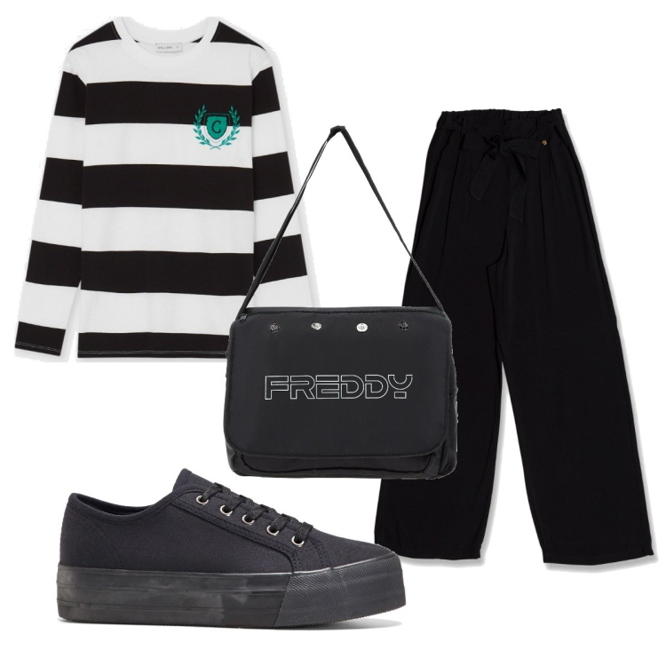 Outfit donna - Total look #1637527. Stile Basic per Tutti i giorni. Abbinamento con sneakers, t-shirt, borse messenger, pantaloni.