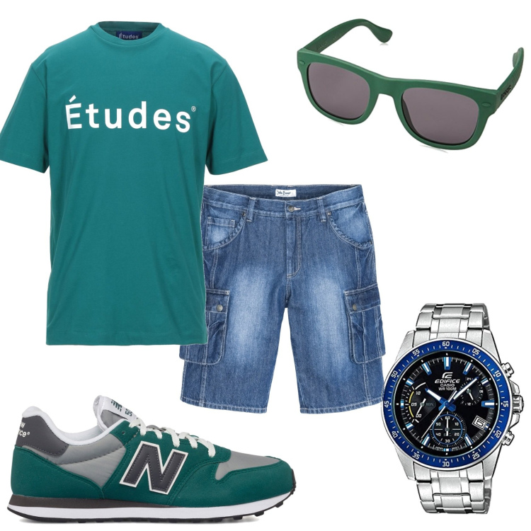 Outfit uomo - Mattina libera. Stile Casual per Tutti i giorni. Abbinamento con bermuda, t-shirt, sneakers, orologi, occhiali da sole.