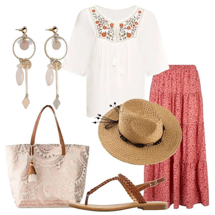 Outfit donna - La blusa leggera ricamata. Stile Etnico per Tutti i giorni. Abbinamento con tuniche, orecchini, gonne lunghe, shopping bag, ciabatte, cappelli.