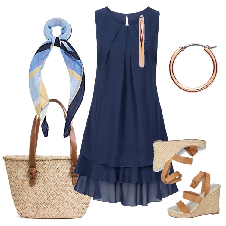 Outfit femme - Élégance sans effort. Style Tendance pour Tous les jours. Assortir avec robes longues, chaussures à semelle compensée, sac cabas, boucles d'oreilles, écharpes.