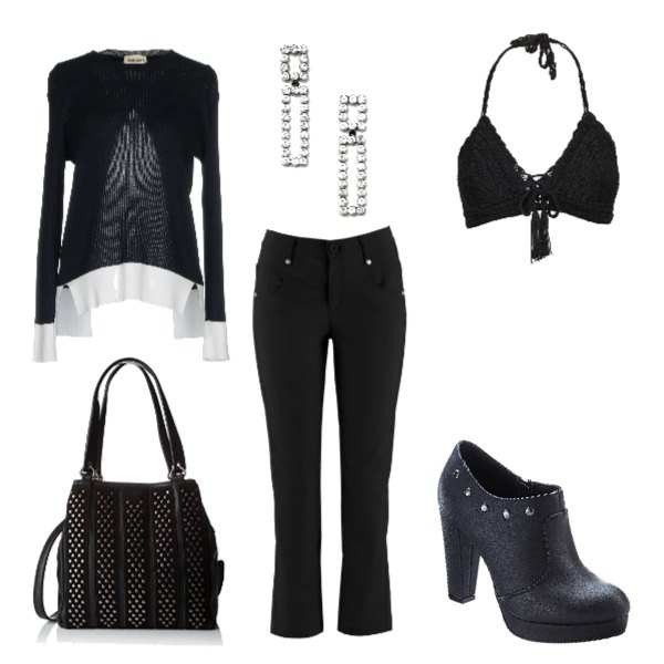 Outfit donna - Dark party. Stile Basic per Serata fuori. Abbinamento con pantaloni, top, tronchetti con borchie e zip nero, pullover lavorato a maglia collo tondo a maniche lunghe in cotone tinta unita, borsa tote nero, orecchini pendenti con ciondolo farfalla in denim con strass nero.