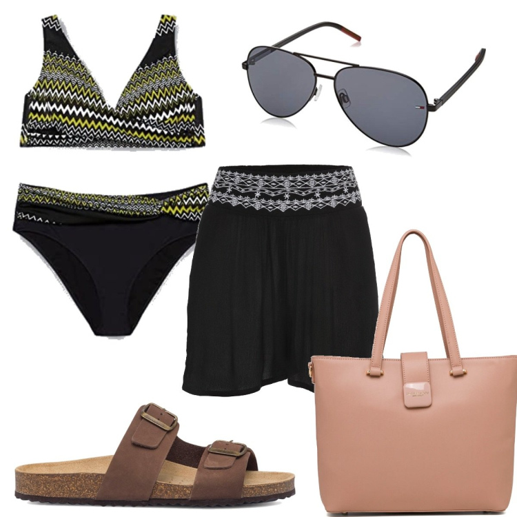 Outfit donna - Total look #1637766. Stile Etnico per Mare. Abbinamento con shorts, sandali in pelle, borse a spalla, bikini, occhiali da sole.