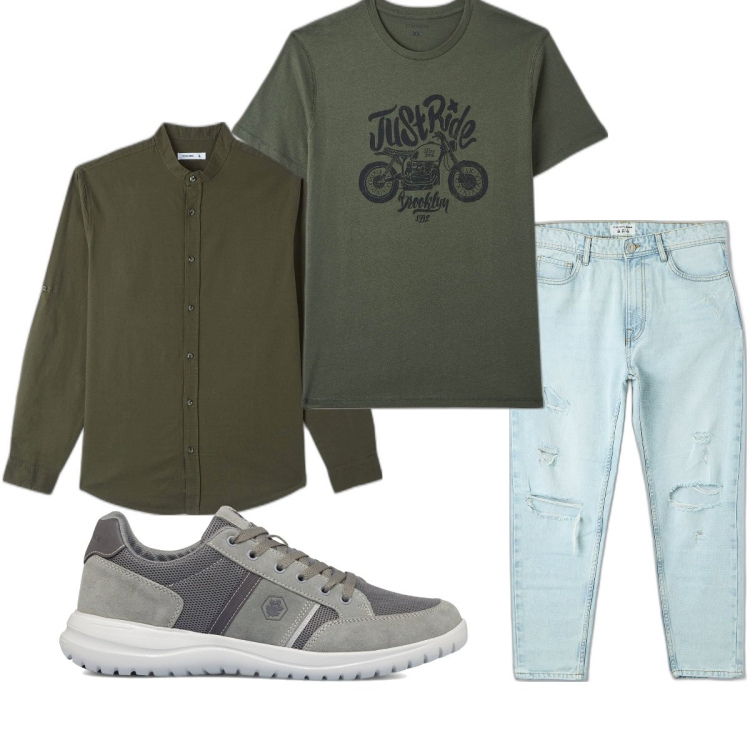 Outfit uomo - Total look #1637836. Stile Casual per Tutti i giorni. Abbinamento con camicie, jeans strappati, t-shirt, sneakers.
