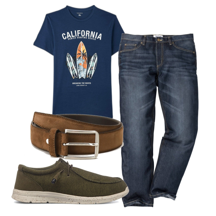 Outfit uomo - Surf lover. Stile Casual per Tutti i giorni. Abbinamento con jeans dritti, t-shirt, cinture, sneakers.