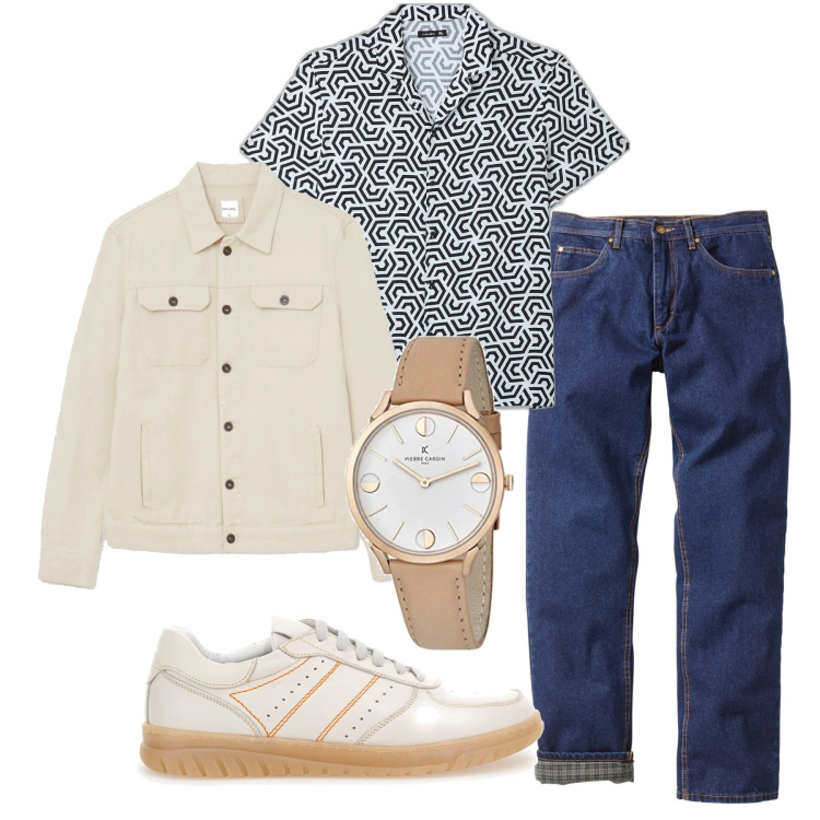 Outfit uomo - La camicia optical. Stile Trendy per Tutti i giorni. Abbinamento con jeans dritti, camicie a manica corta, giacche, orologi, scarpe stringate.