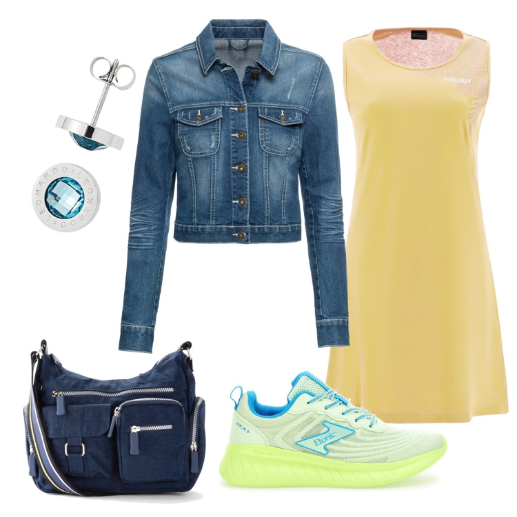Outfit donna - Sportiva. Stile Basic per Sport. Abbinamento con borse a tracolla, blazer, vestiti senza maniche, sneakers, orecchini.