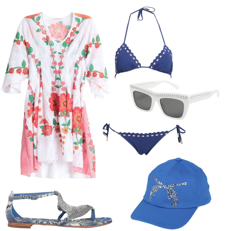 Outfit donna - Estate in barca. Stile Glamour per Mare. Abbinamento con cappelli con visiera, vestiti da spiaggia, infradito, bikini, occhiali da sole.
