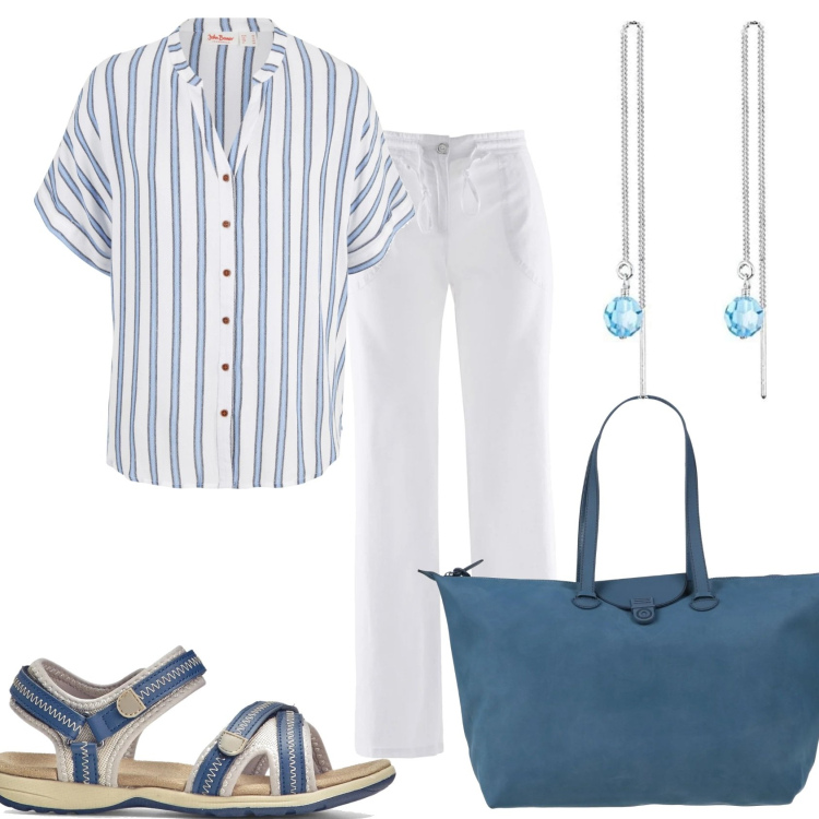 Outfit donna - Con poco mi vesto. Stile Glamour per Tutti i giorni. Abbinamento con pantaloni a palazzo, camicie, sandali, borse a mano, orecchini.