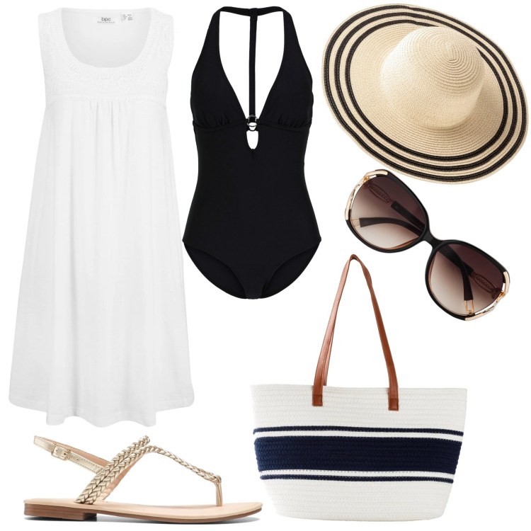 Outfit donna - Al mare in bianco & nero. Stile Glamour per Mare. Abbinamento con costumi interi, ciabatte, occhiali da sole, vestiti senza maniche, shopping bag, cappelli.