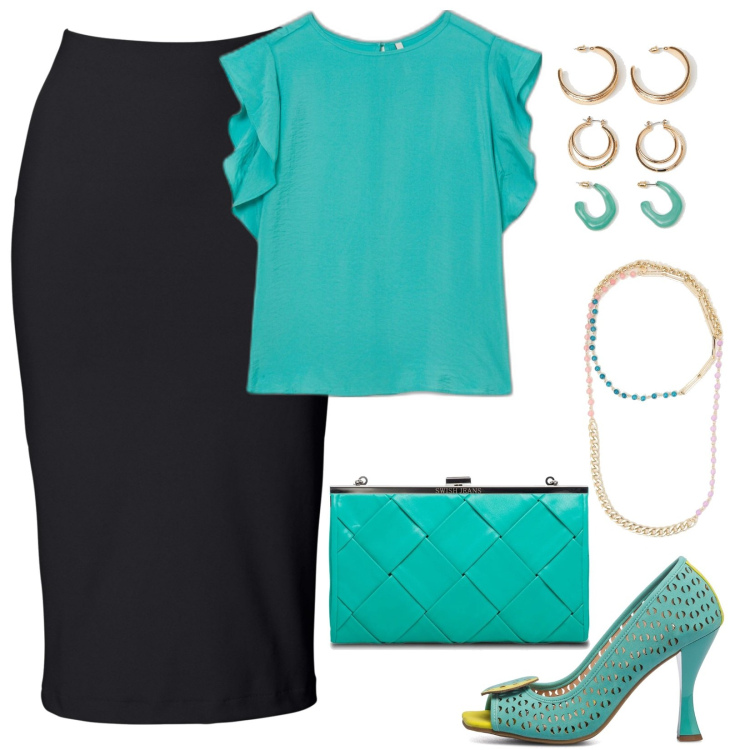 Outfit donna - Curvy, impeccabile al ricevimento. Stile Chic per Cerimonia. Abbinamento con gonne longuette, bluse, orecchini, collane, décolleté, clutch.