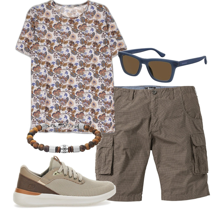 Outfit uomo - I cargo corti. Stile Casual per Tutti i giorni. Abbinamento con bermuda, t-shirt, braccialetti, sneakers, occhiali da sole.