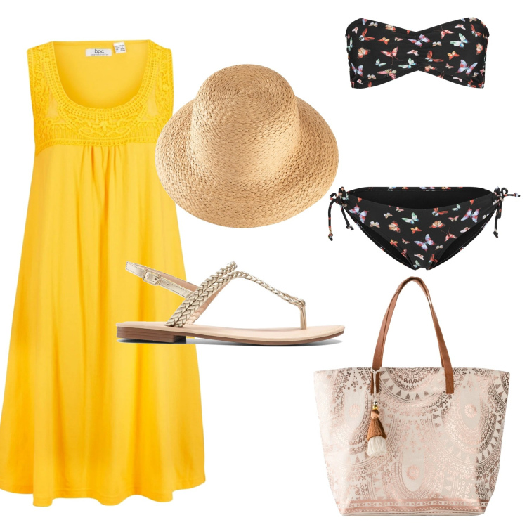 Outfit donna - Vestito giallo sole. Stile Etnico per Mare. Abbinamento con bikini, ciabatte, vestiti senza maniche, shopping bag, cappelli.