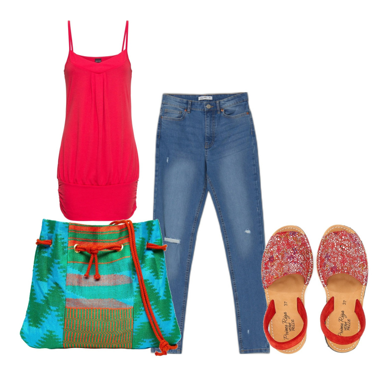 Outfit donna - Una borsa elettrizzante. Stile Casual per Tutti i giorni. Abbinamento con top, borse a tracolla, jeans skinny, sandali in pelle.