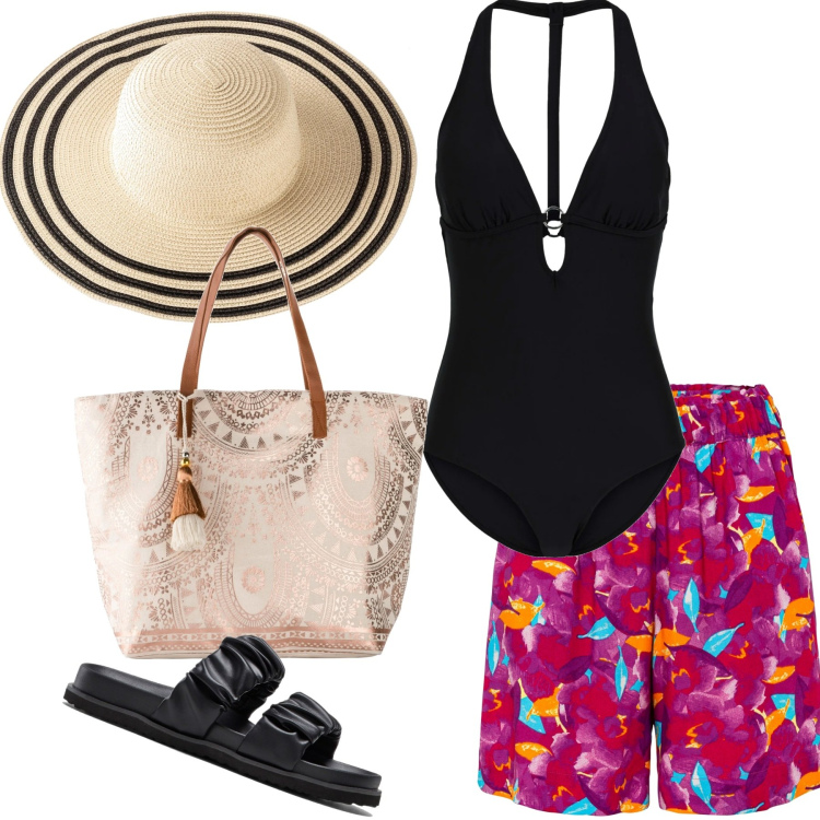 Outfit donna - In spiaggia con stile. Stile Casual chic per Mare. Abbinamento con costumi interi, shorts, sandali, shopping bag, cappelli.