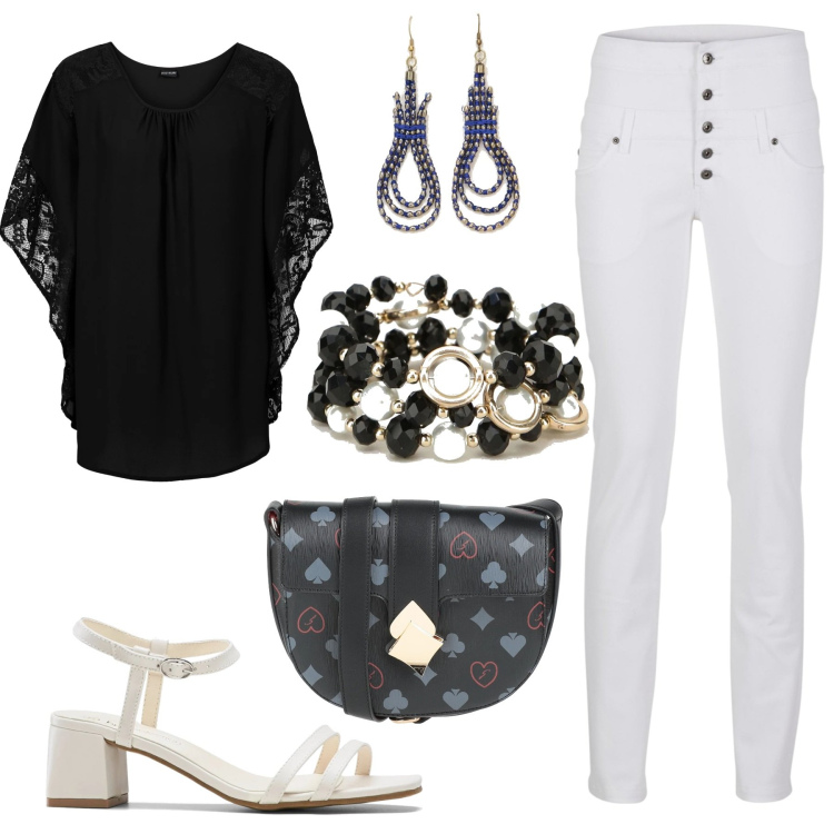 Outfit donna - La blusa nera. Stile Casual per Tutti i giorni. Abbinamento con bluse, pantaloni skinny, sandali col tacco, borse a tracolla, braccialetti, orecchini.