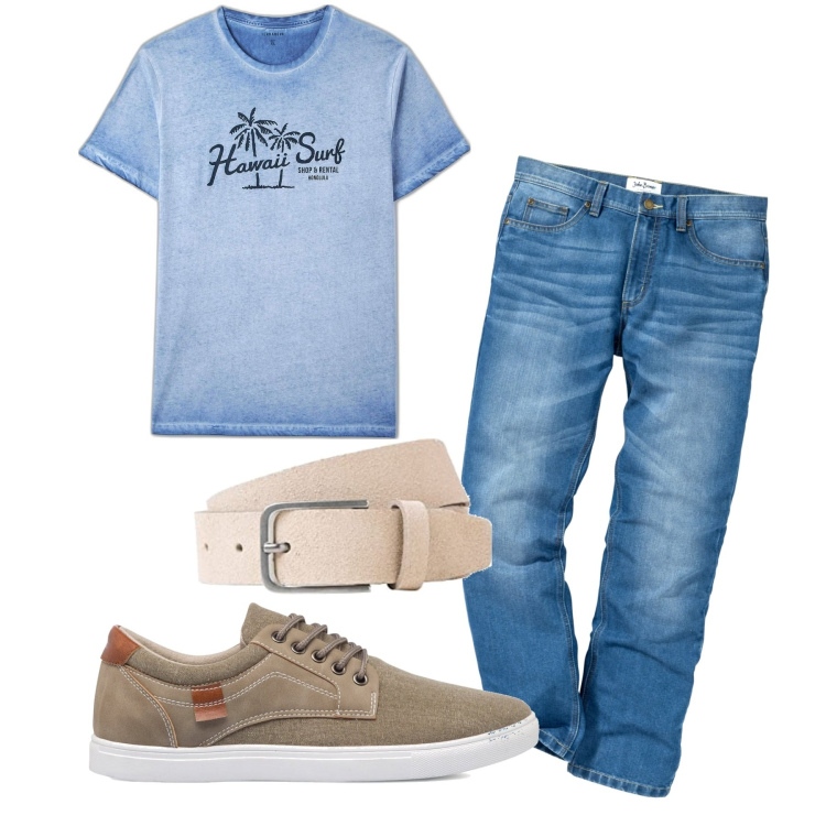 Outfit uomo - Tutto azzurro. Stile Casual per Tutti i giorni. Abbinamento con jeans dritti, t-shirt, sneakers, cinture.