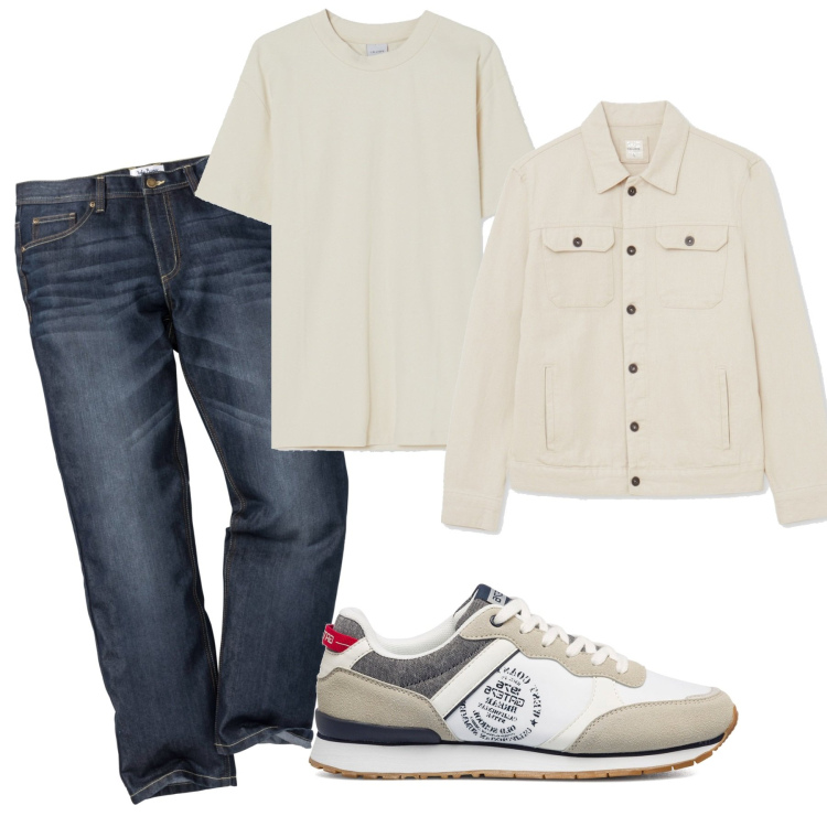 Outfit uomo - Avorio. Stile Casual per Tutti i giorni. Abbinamento con jeans dritti, giacche, t-shirt, sneakers.