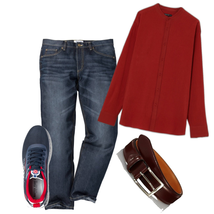 Outfit uomo - Mattone. Stile Casual per Tutti i giorni. Abbinamento con jeans dritti, camicie, sneakers, cinture.