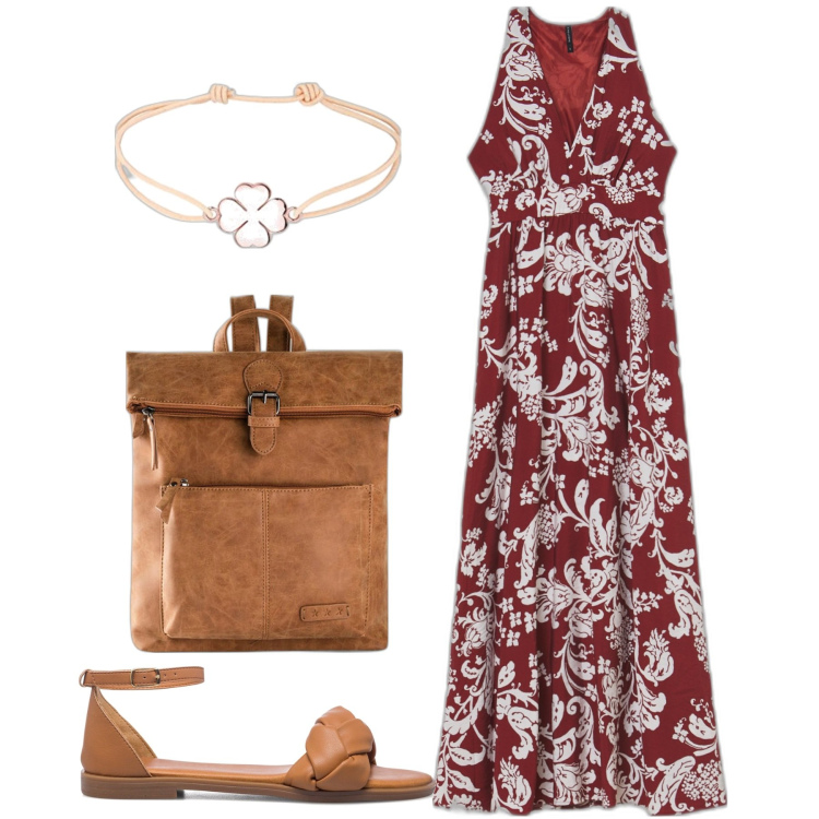 Outfit donna - Portafortuna. Stile Boho per Tutti i giorni. Abbinamento con zaini, vestiti lunghi, sandali in pelle, braccialetti.