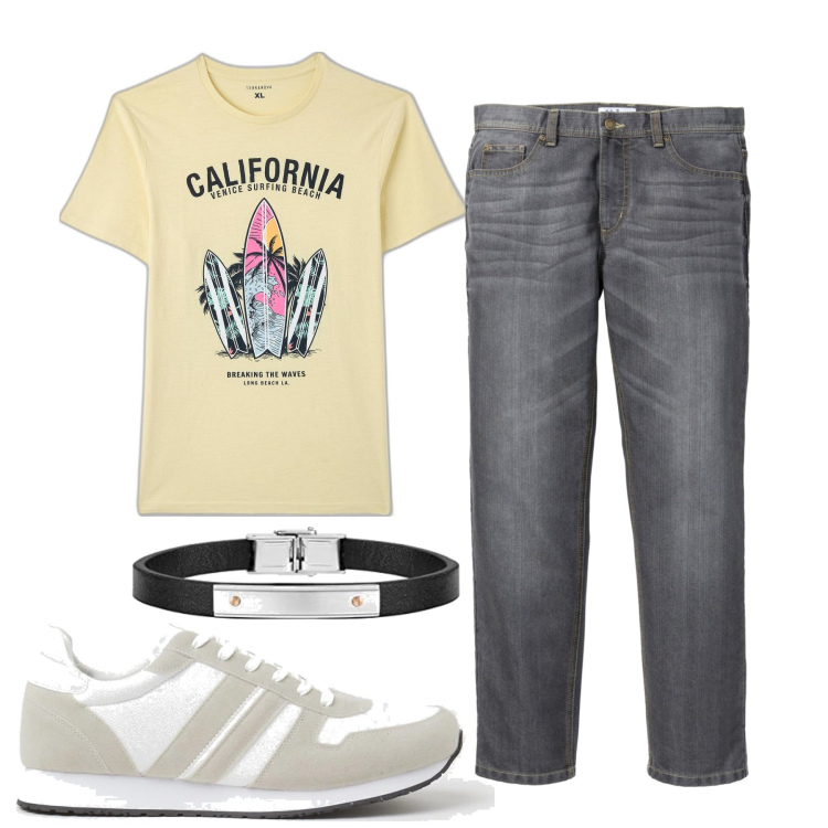 Outfit uomo - Grigio e paglierino. Stile Casual per Tutti i giorni. Abbinamento con jeans dritti, t-shirt, sneakers, braccialetti.
