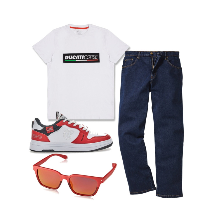 Outfit uomo - Ghost outfitter - giugno. Stile Casual per Tutti i giorni. Abbinamento con jeans dritti, t-shirt, occhiali da sole, sneakers.