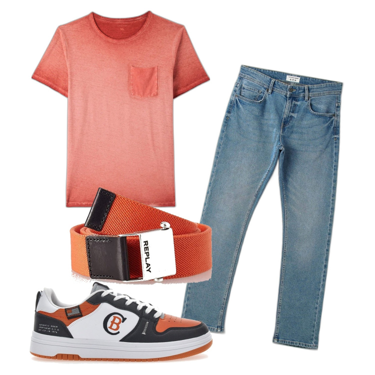 Outfit uomo - Corallo. Stile Casual per Tutti i giorni. Abbinamento con t-shirt, jeans, sneakers, cinture.