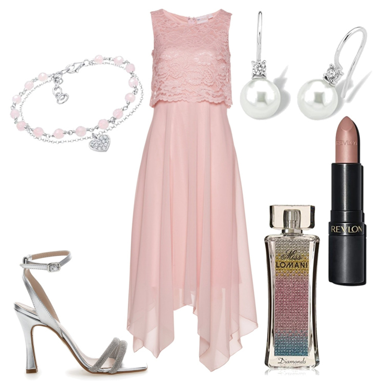 Outfit donna - Cerimonia. Stile Chic per Cerimonia. Abbinamento con vestiti midi/longuette, profumi, sandali col tacco, rossetti, orecchini, braccialetti.