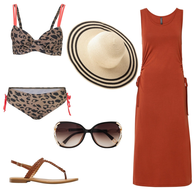 Outfit donna - Al mercato prima del mare. Stile Basic per Mare. Abbinamento con bikini, occhiali da sole, vestiti, ciabatte, cappelli.