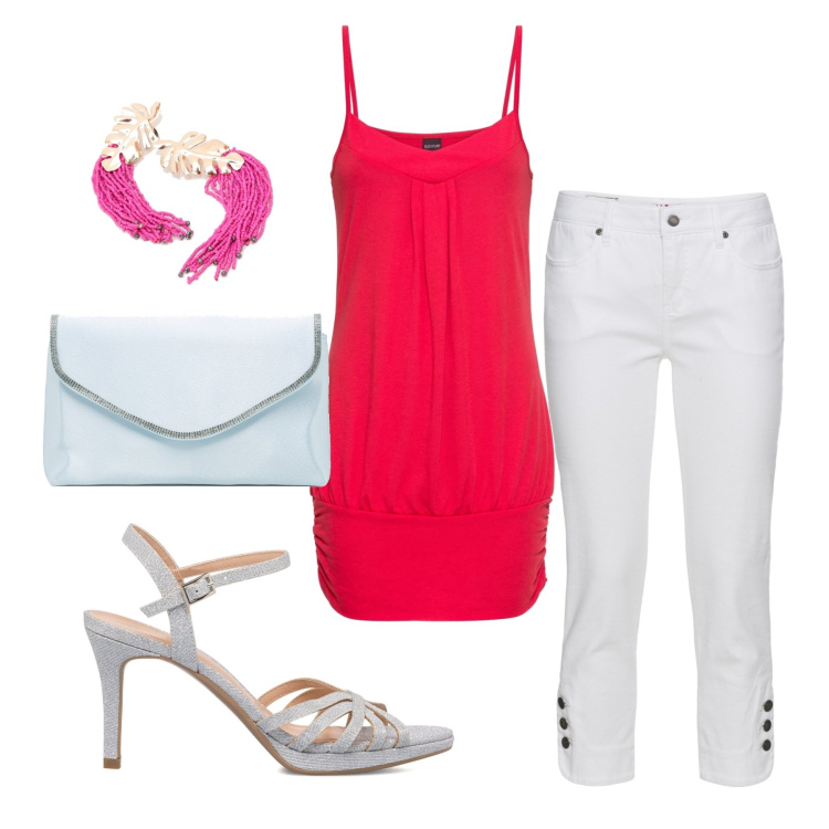 Outfit donna - Elegante con il fucsia. Stile Glamour per Serata fuori. Abbinamento con jeans slim fit, top, orecchini, sandali gioiello, clutch.