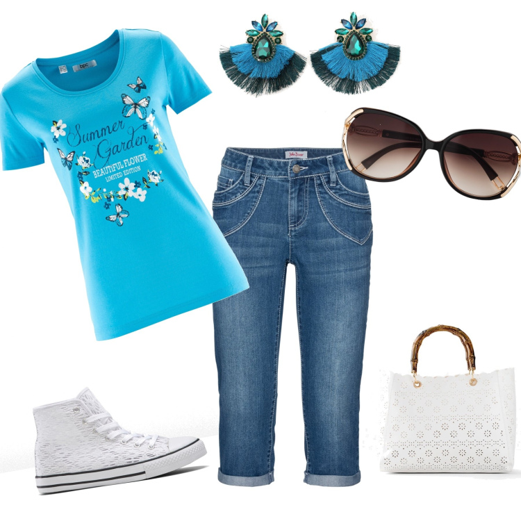 Outfit donna - Azzurro mare. Stile Casual per Tutti i giorni. Abbinamento con jeans dritti, t-shirt, occhiali da sole, sneakers, borse a mano, orecchini.