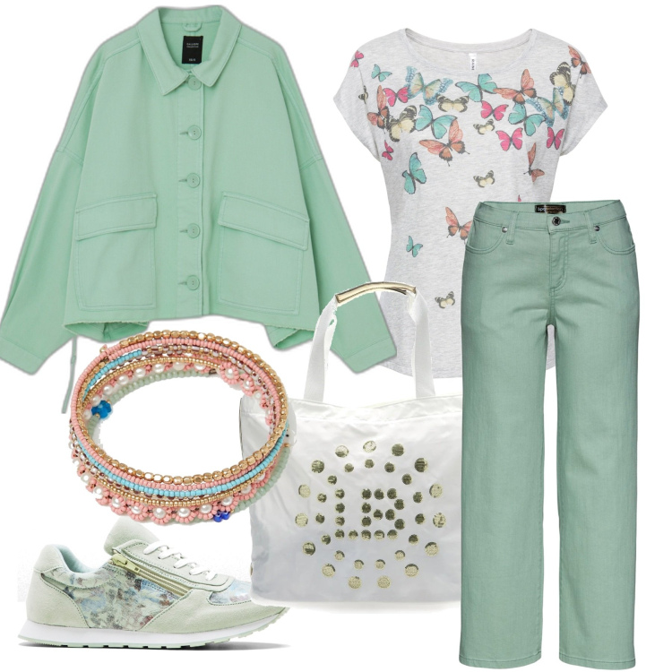 Outfit donna - Verde pastello. Stile Casual chic per Tutti i giorni. Abbinamento con maglieria, jeans, sneakers, giacche, braccialetti, borse a spalla.