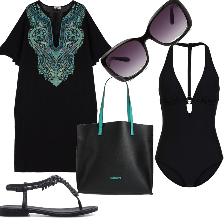 Outfit donna - Black on the beach. Stile Boho per Mare. Abbinamento con costumi interi, borse a mano, occhiali da sole, vestiti midi/longuette, infradito.