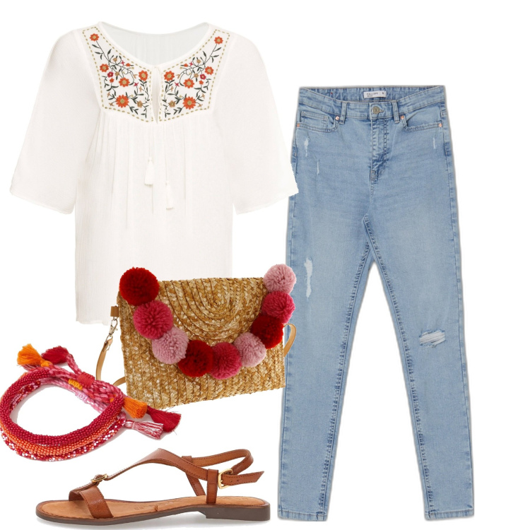 Outfit donna - Un pò boho. Stile Boho per Tutti i giorni. Abbinamento con tuniche, jeans skinny, braccialetti, borse a mano, sandali in pelle.