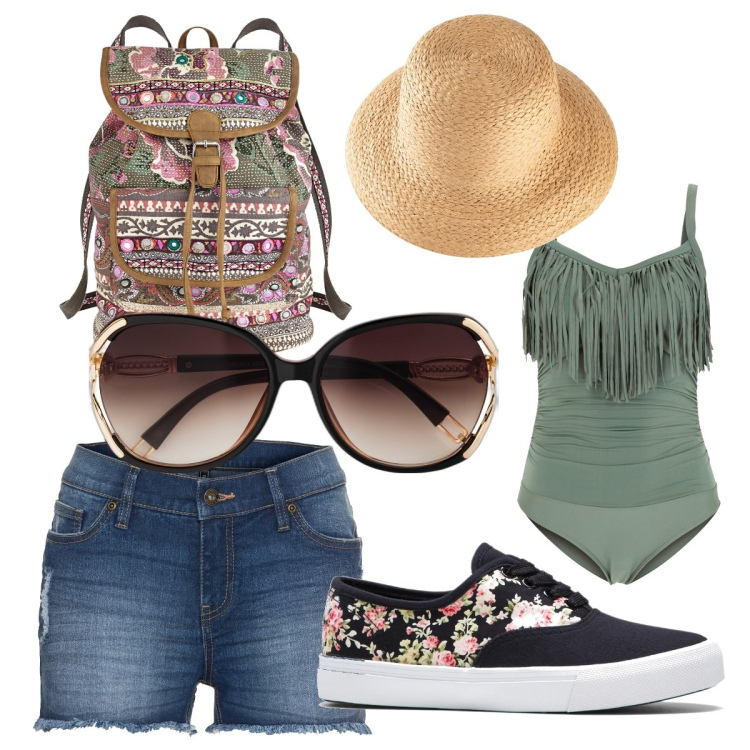 Outfit donna - Fly oh fly. Stile Military per Mare. Abbinamento con occhiali da sole, felpe, costumi interi, sneakers, zaini, shorts.