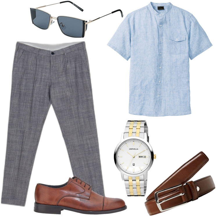 Outfit uomo - In ufficio d\'estate. Stile Business/Elegante per Ufficio. Abbinamento con camicie a manica corta, pantaloni, occhiali da sole, scarpe stringate, cinture, orologi analogici.