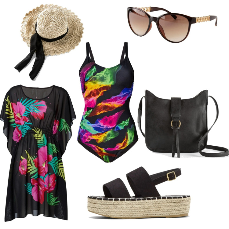 Outfit donna - Al mare. Stile Romantica per Mare. Abbinamento con costumi interi, borse a tracolla, cappelli, vestiti da spiaggia, sandali, occhiali da sole.