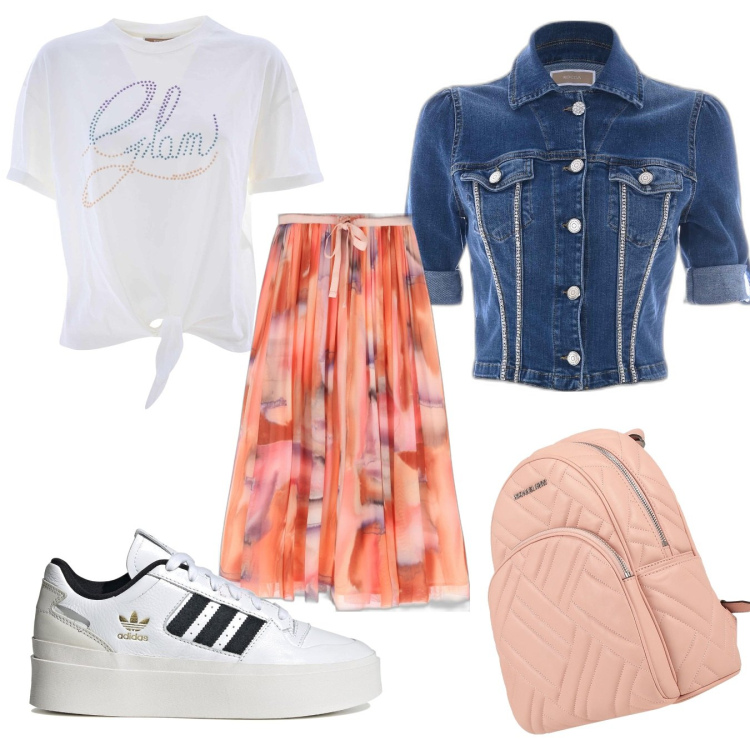 Outfit donna - Shopping con le amiche. Stile Casual chic per Tutti i giorni. Abbinamento con zaini, gonne longuette, giacche, t-shirt, sneakers.