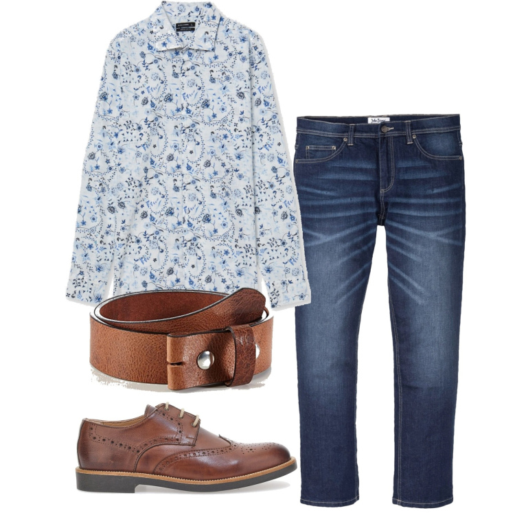 Outfit uomo - Cuoio e blu. Stile Casual per Tutti i giorni. Abbinamento con jeans dritti, camicie, scarpe stringate, cinture.