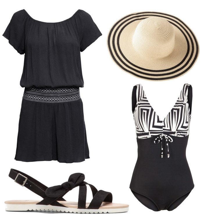 Outfit donna - Total look #1639224. Stile Bon Ton per Mare. Abbinamento con tute, costumi interi, sandali, cappelli.