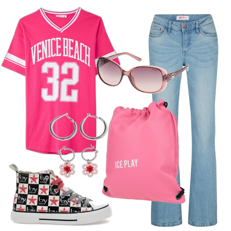 Outfit donna - La tshirt larga. Stile Casual per Scuola/Università. Abbinamento con jeans bootcut, zaini, t-shirt, orecchini, sneakers, occhiali da sole.