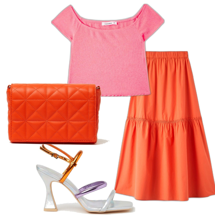 Outfit donna - In risalto l\'abbronzatura. Stile Trendy per Mare. Abbinamento con t-shirt, gonne lunghe, sandali col tacco, borse a spalla.