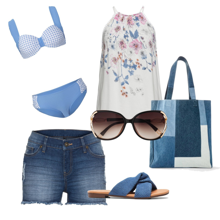 Outfit donna - Total look #1639365. Stile Trendy per Mare. Abbinamento con top, occhiali da sole, bikini, shorts, ciabatte, shopping bag.