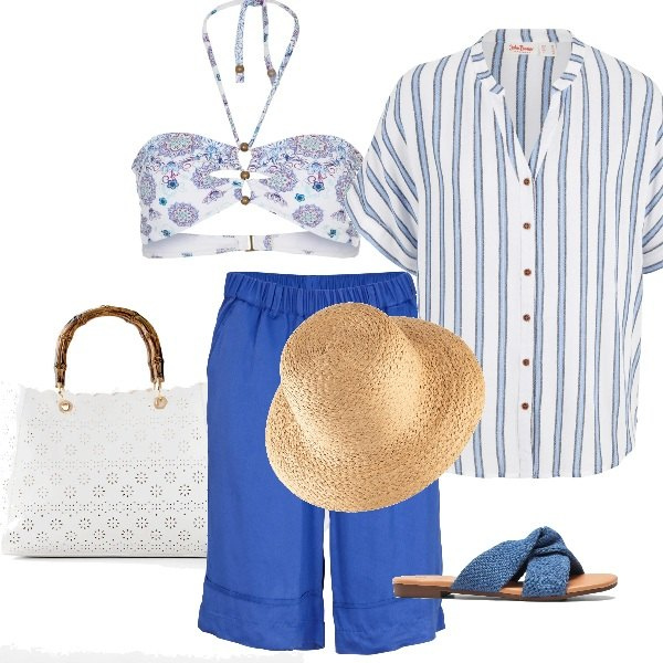 Outfit donna - MareBlù. Stile Preppy per Mare. Abbinamento con camicie, bermuda, bikini, ciabatte, cappelli, borse a mano.