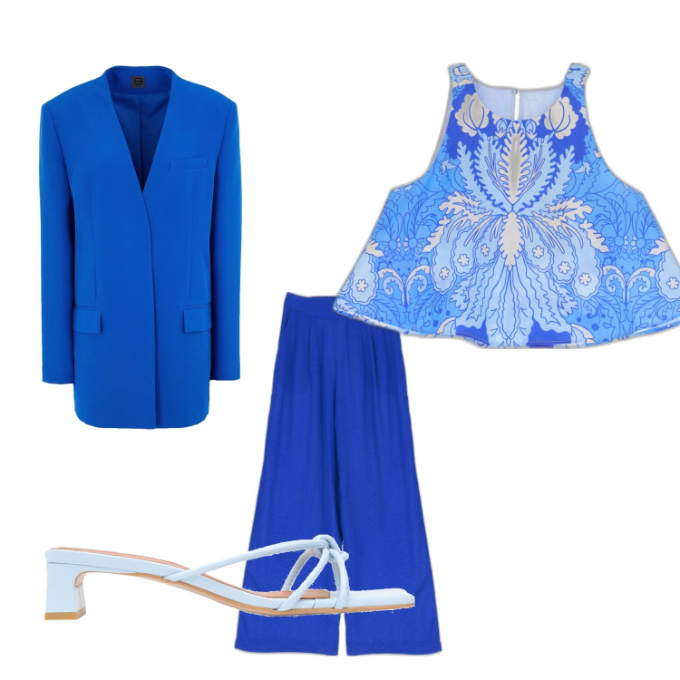Outfit donna - Lavoro. Abbinamento con infradito, blazer, canottiere, pantaloni a palazzo.